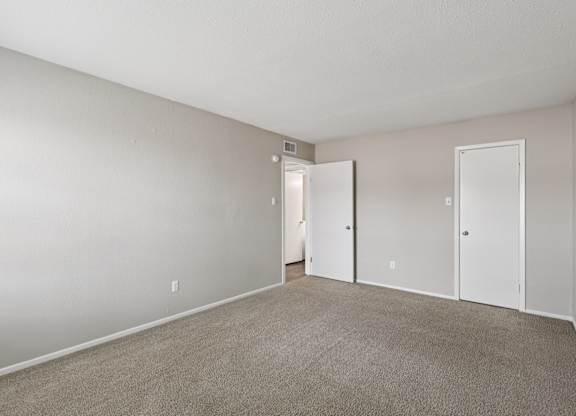 A room with a carpeted floor and two white doors.