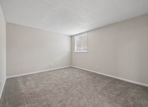 A room with a carpeted floor and a window with blinds.