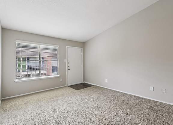 A room with a carpeted floor, a door, and a window with blinds.