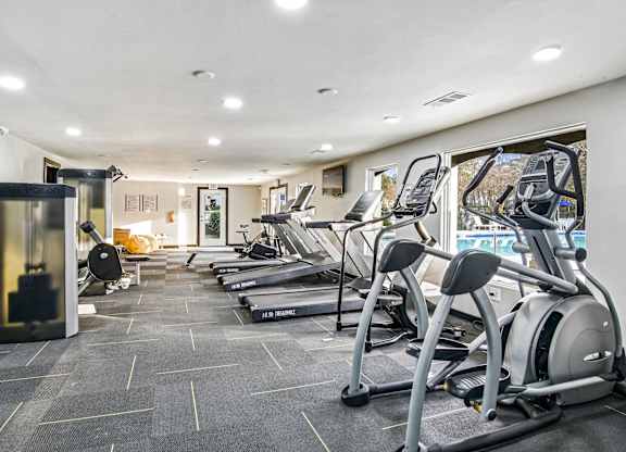 A gym with treadmills and elliptical machines.