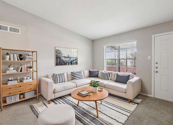 A living room with a sofa, a coffee table, and a bookshelf.