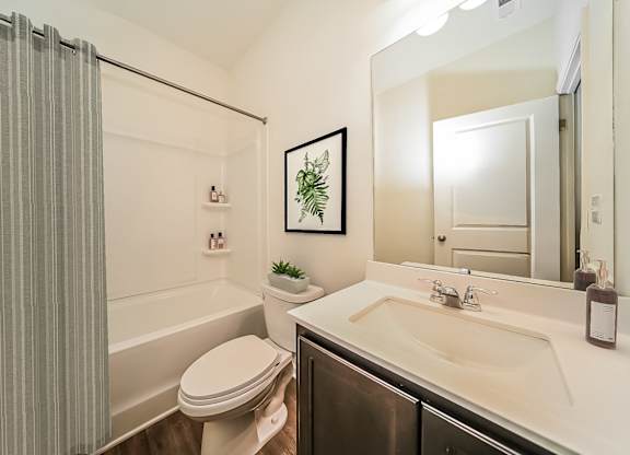 A bathroom with a toilet, sink, and shower curtain.