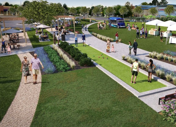 a rendering of a park with people walking around and tables and umbrellas