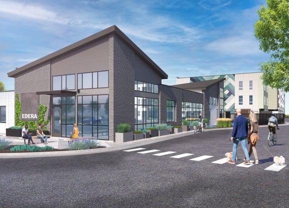 a rendering of a building with people crossing a street