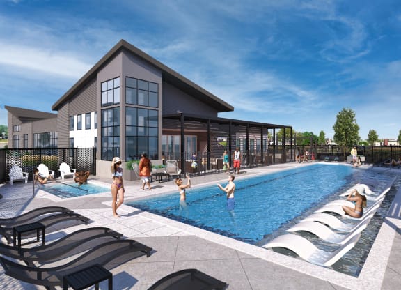 Denver, CO Apartments Near Walmart Supercenter - Edera Apartments - Resort-Style Swimming Pool with a Sundeck, a Jacuzzi, Lounge Chairs, and Beautiful Landscaping