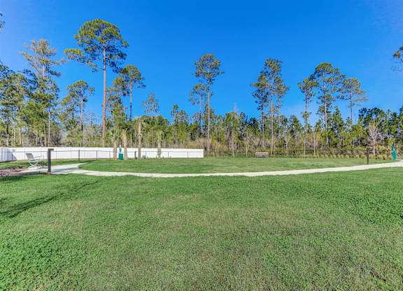 Community green space with walking path, tall trees, and white fence.