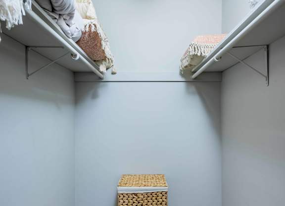 Walk-in closet in spacious apartment at Grand Arbor Reserve Apartments in Raleigh, NC 27607, near Central Raleigh.