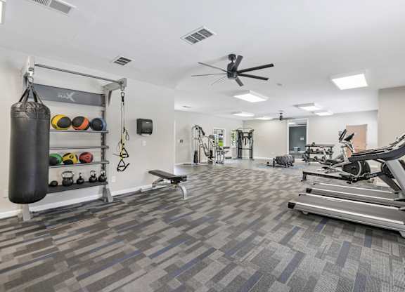 A gym with a punching bag, weights, and exercise equipment.