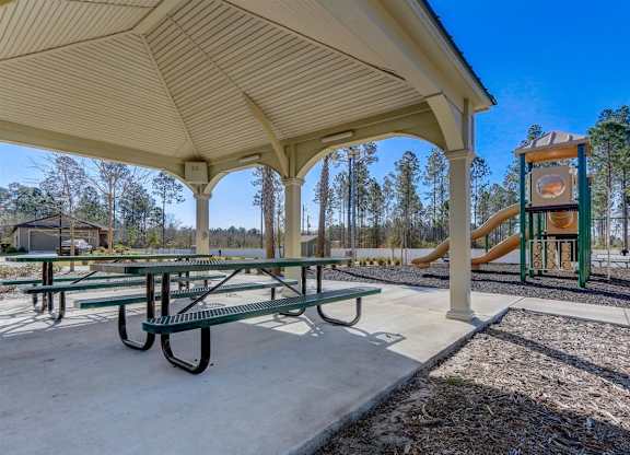 Community park featuring a covered picnic area and playground.