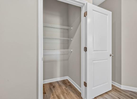 A white door is open to a pantry with shelves.