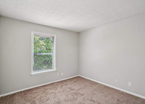 A room with a window and carpeted floor.