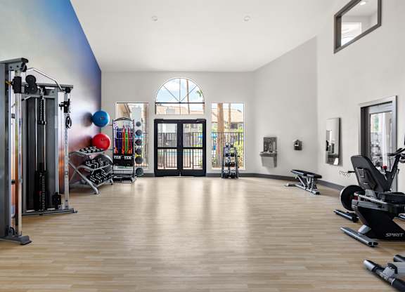 A gym with a variety of equipment including treadmills, weights, and a rowing machine.