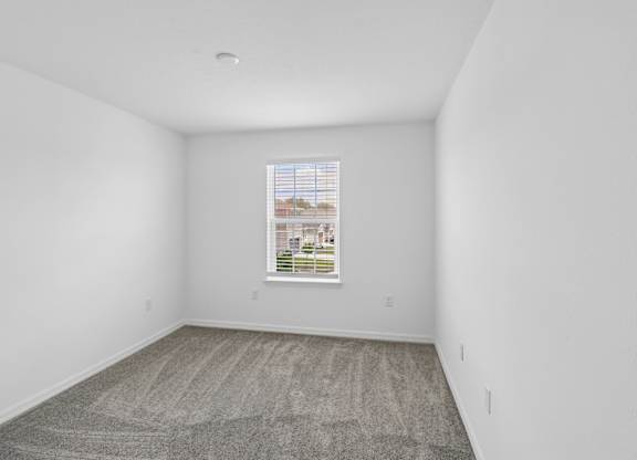 A room with a carpeted floor and a window showing a cityscape outside.