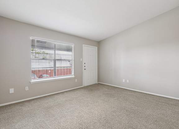 A room with a carpeted floor, a window with blinds, and a door.