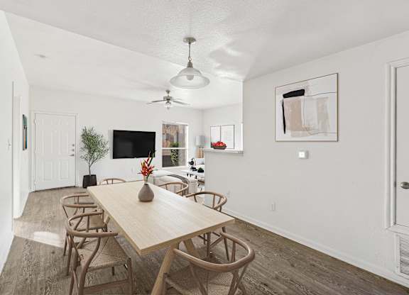 Dining room at Huntington Meadows Apartments in Austin, TX 78724, featuring modern design in apartments near East Austin with spacious living areas.