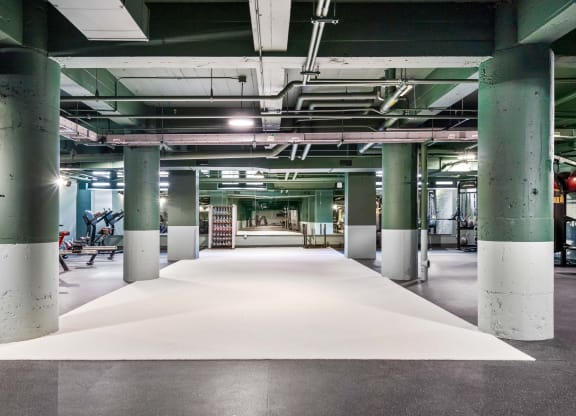 a large white rug in a building with columns