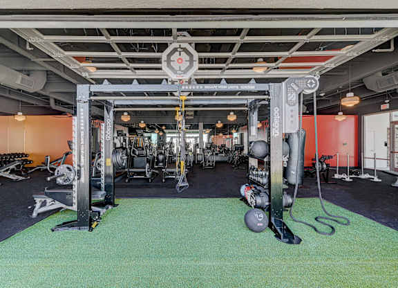 A gym with a green floor and a variety of equipment.
