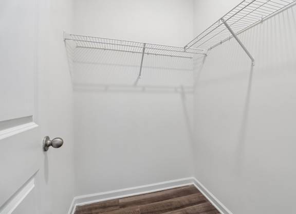 A white closet with a brown carpeted floor and a white door.