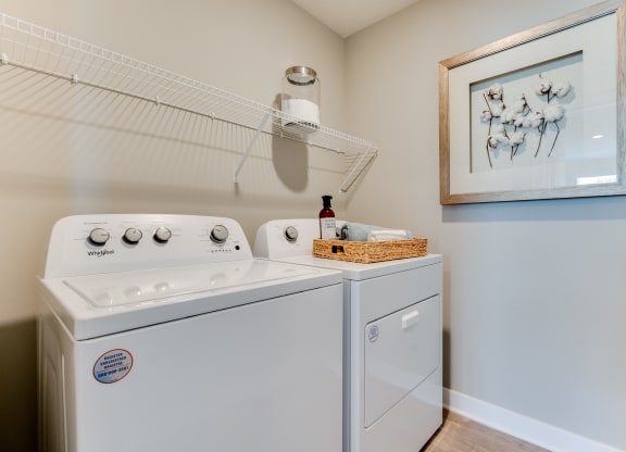a washer and dryer in a laundry room with a painting on the wall