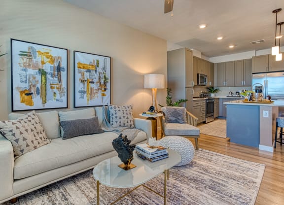 South Scottsdale Apartments - Lucent Scottsdale - Luxury Kitchen with Quartz countertops with undermount sinks and ceramic tile backsplash.