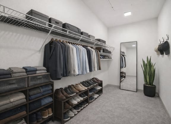 A clothing store with clothes and shoes on display.