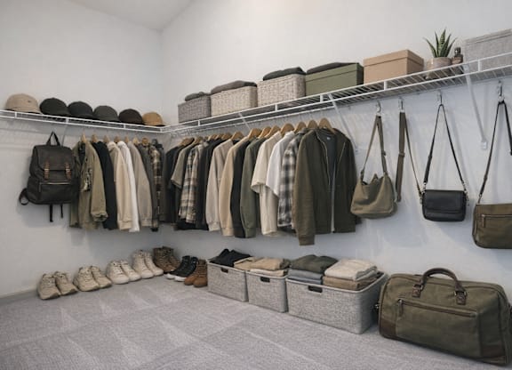 A room with a white wall and a grey floor has a shelf with baskets and a collection of bags hanging on the wall.