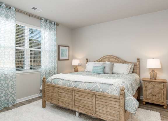 Myrtle Beach, SC Homes-The Palmer at Carolina Forest-Bedroom with Wood Plank Flooring, Faux Wood Blinds, and High Ceilings