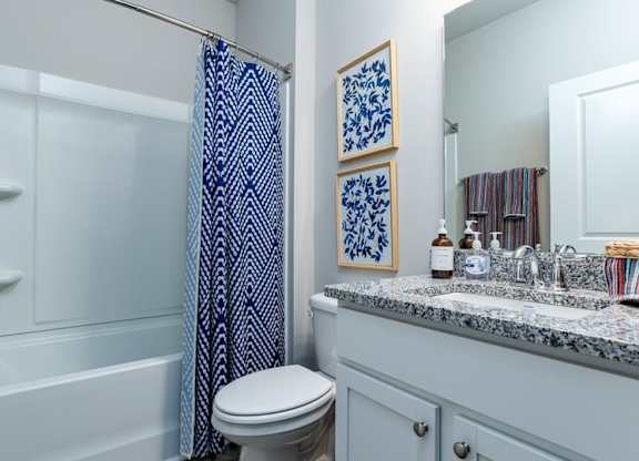 Rental Homes In Myrtle Beach, SC - The Palmer At Carolina Forest - Bathroom With Walk-In Shower, Large Mirror, And Chrome Bathroom Finishes