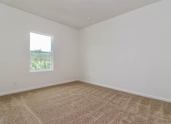 A room with a carpeted floor and a window.