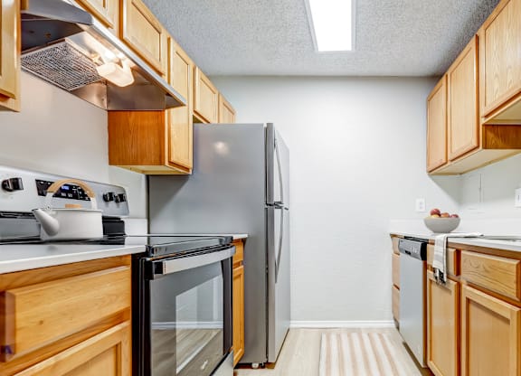 Modern kitchen with stainless steel appliances at Aurora Meadows apartments near Denver