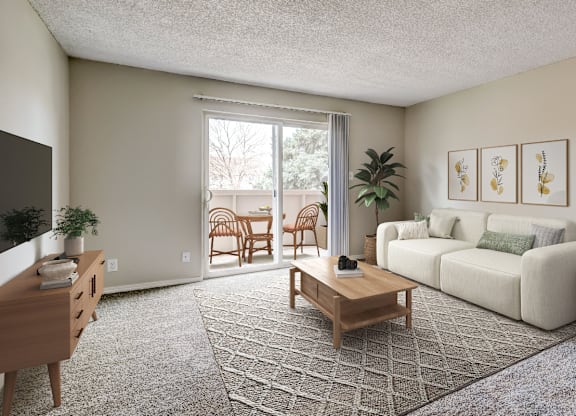 Living room with large sliding windows at Aurora Meadows apartments near Denver, Colorado