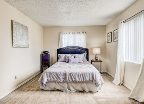 Spacious bedroom in pet-friendly community at Aurora Meadows apartments in Aurora, Colorado