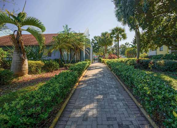 Apartments in Tampa, FL 33604 for Rent – Belara Lakes - photo of walkway to leasing office surrounded by green bushes