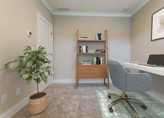 A room with a chair, a desk, a plant and a bookshelf.