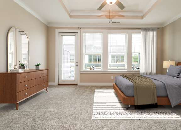 A bedroom with a bed, dresser, and window.