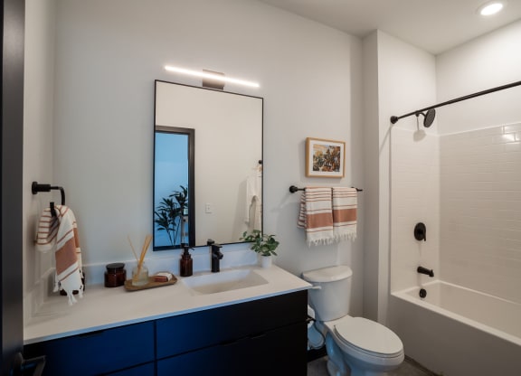 a bathroom with a large mirror and a toilet next to a bathtub
