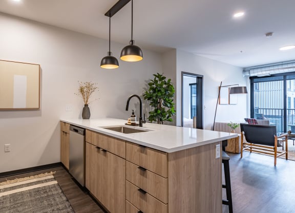 a kitchen with a counter top and a sink