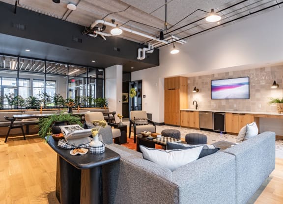 a living room with a couch and a table