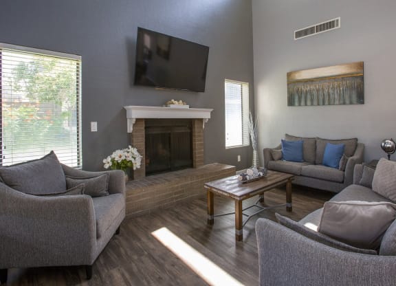 Pet-Friendly Apartments in Tucson, AZ - Peaks at Redington - Living Room with Couches, Coffee Table, Fireplace, Mounted Television, Wall Painting, Large Windows, and Wood-Style Flooring.