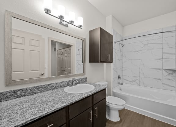 a bathroom with a shower sink and toilet and a mirror