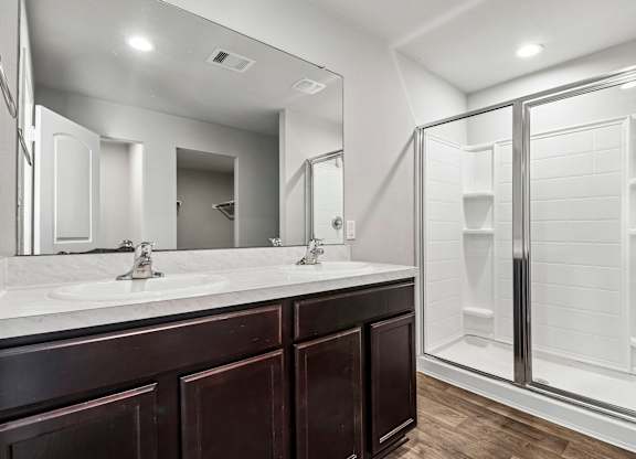 A bathroom with a white sink and a walk-in shower.