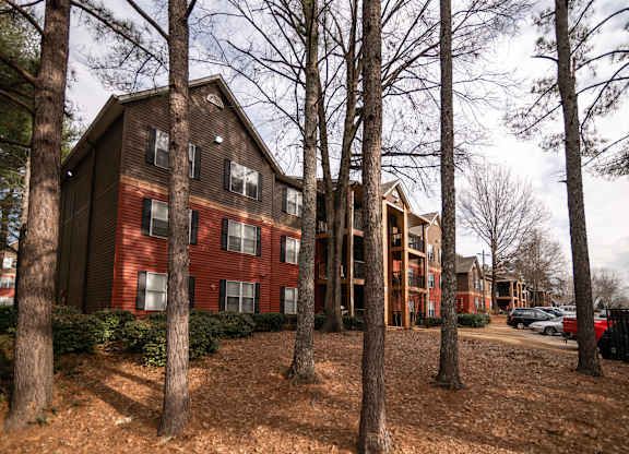Exterior of apartment building at Flats at River View in Duluth, GA, near Lawrenceville.