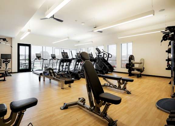 A gym with a variety of equipment including treadmills, weights, and exercise machines.