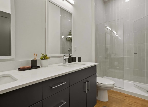 Colorado Apartments Near Denver Zoo - Edera Apartments - Bathroom with Luxury LVT Flooring, Spacious Shower with Grey Tile Walls, High Ceilings, Black Cabinets, and Quartz Counters