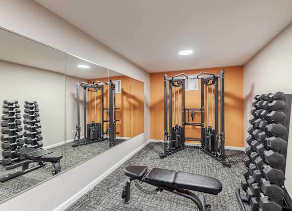 A gym with a variety of equipment including dumbbells, weight machines, and benches.