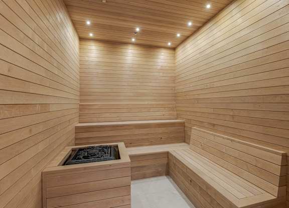 A wooden sauna with benches and a hot tub.
