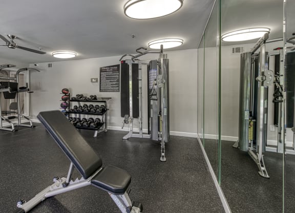 a gym with exercise equipment and mirrors in a home