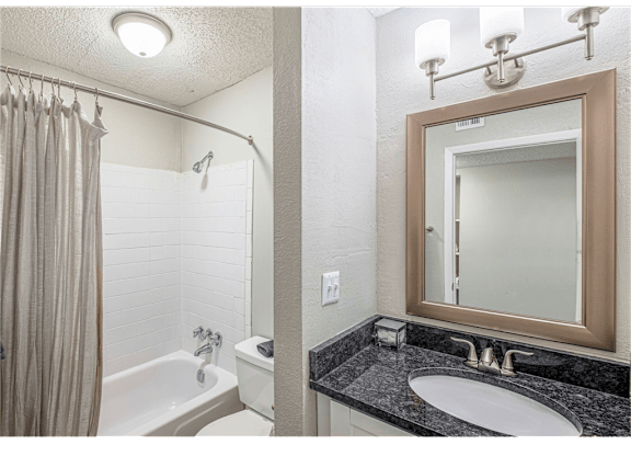 Bathroom with shower and tub at Springdale Glen, a pet-friendly community in Clarkston, GA, near Decatur.