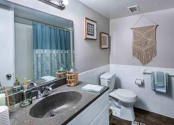 A bathroom with a sink, toilet, and shower.