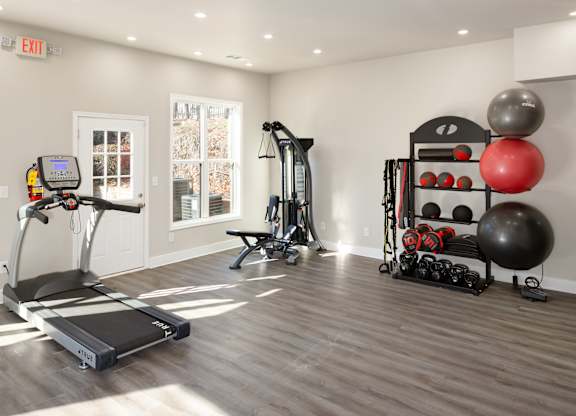 A well-equipped home gym with a treadmill, weights, and exercise balls.